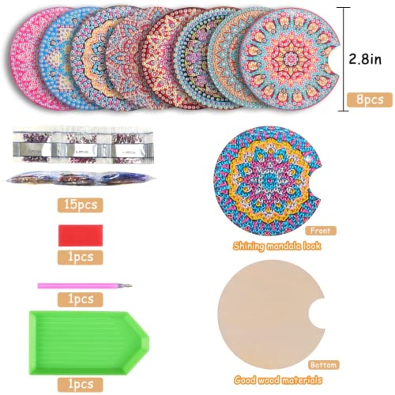 8 Pcs Diamond Art Car Coasters - 2.8 Inches Mandala Diamond Painting Coasters by BSRESIN, Small Diamond Painting Kits, DIY Crafts for Adults